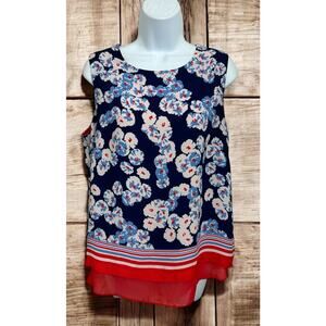 Rose & Olive Floral Blouse Sz Large Sleeveless Top Loose Lined Blue Red Top